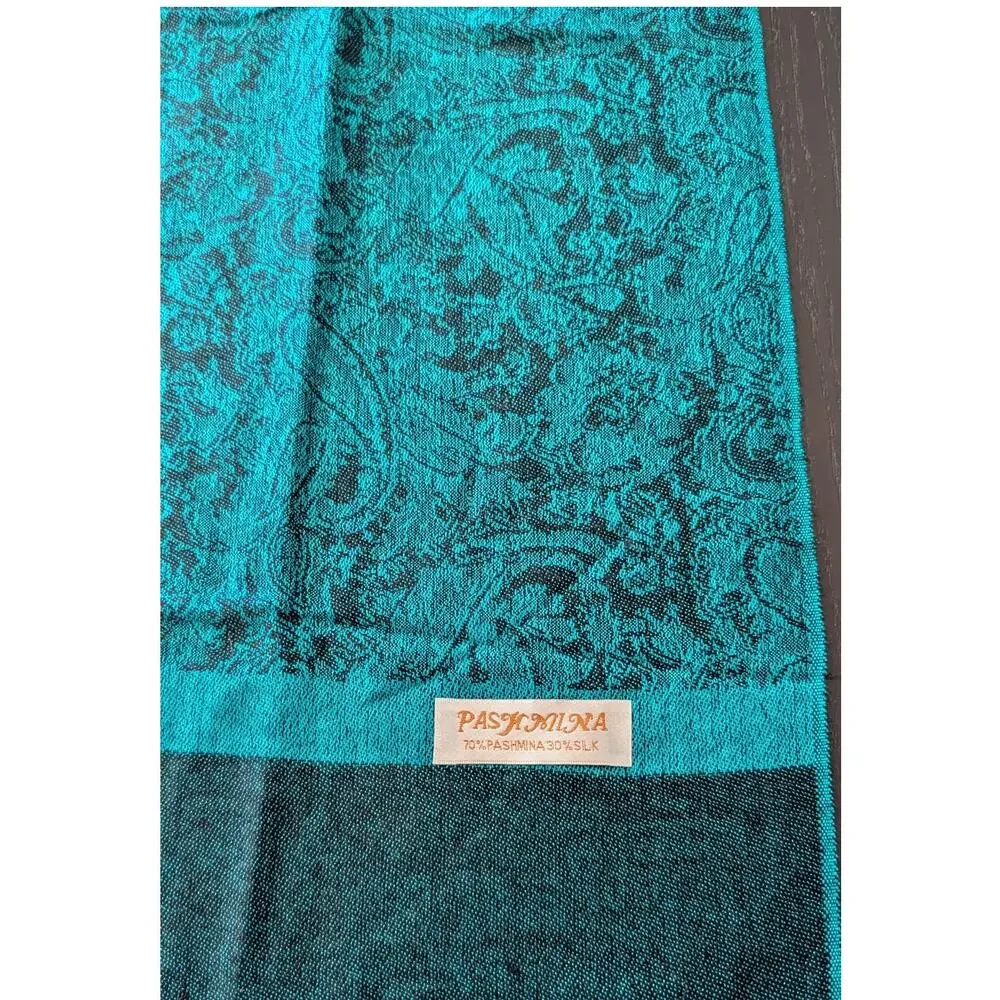 70% Pashmina 30% Silk Green Teal Black Paisley Shawl Wrap Fringe Scarf